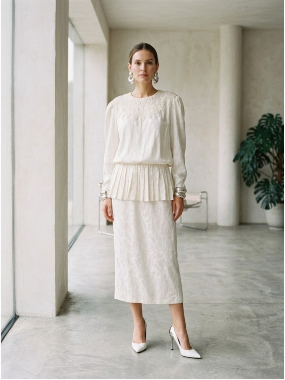 Vintage 80s In The Mood Cream Jacquard Peplum Midi Dress Crochet Neckline Sz 16